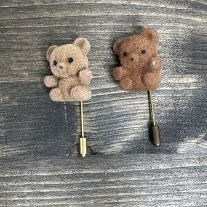 2 Vintage Flocked Brown Teddy Bear Stick Pins Gold Tone 1980's Brooch Fuzzy Mini